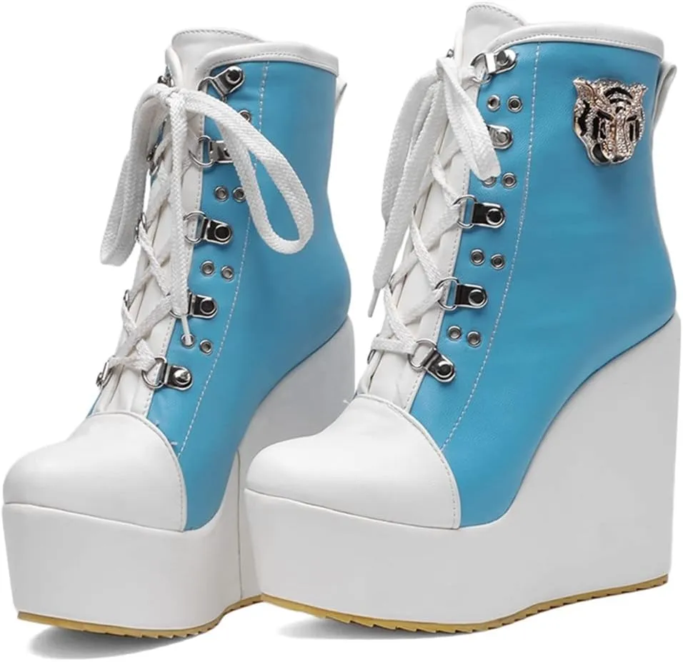 Women's Round Toe Wedge Platform Dress Ankle Boots Lace Up Chunky High Heels Dressy Short Booties