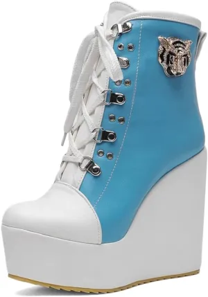 Women's Round Toe Wedge Platform Dress Ankle Boots Lace Up Chunky High Heels Dressy Short Booties