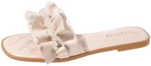 Women's Ruffles Pearl Round Open Toe Flat Slides Sandals Cut Slip on Summer Fashion Comfy Dressy Slippers Outdoor Boho Foot Bed Beach Walking Sandals