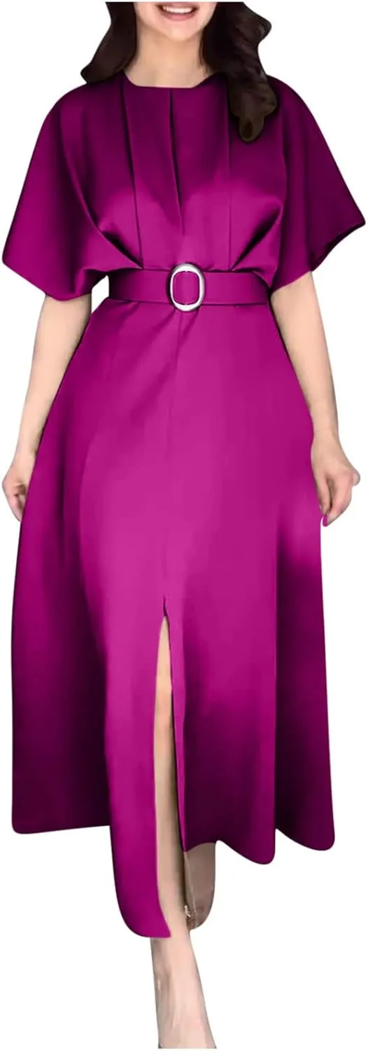 Womens Semi Formal Midi Dress Elegant Round Neck Short Sleeve Front Split Tunic Dress Flowy Business Casual Work Dress