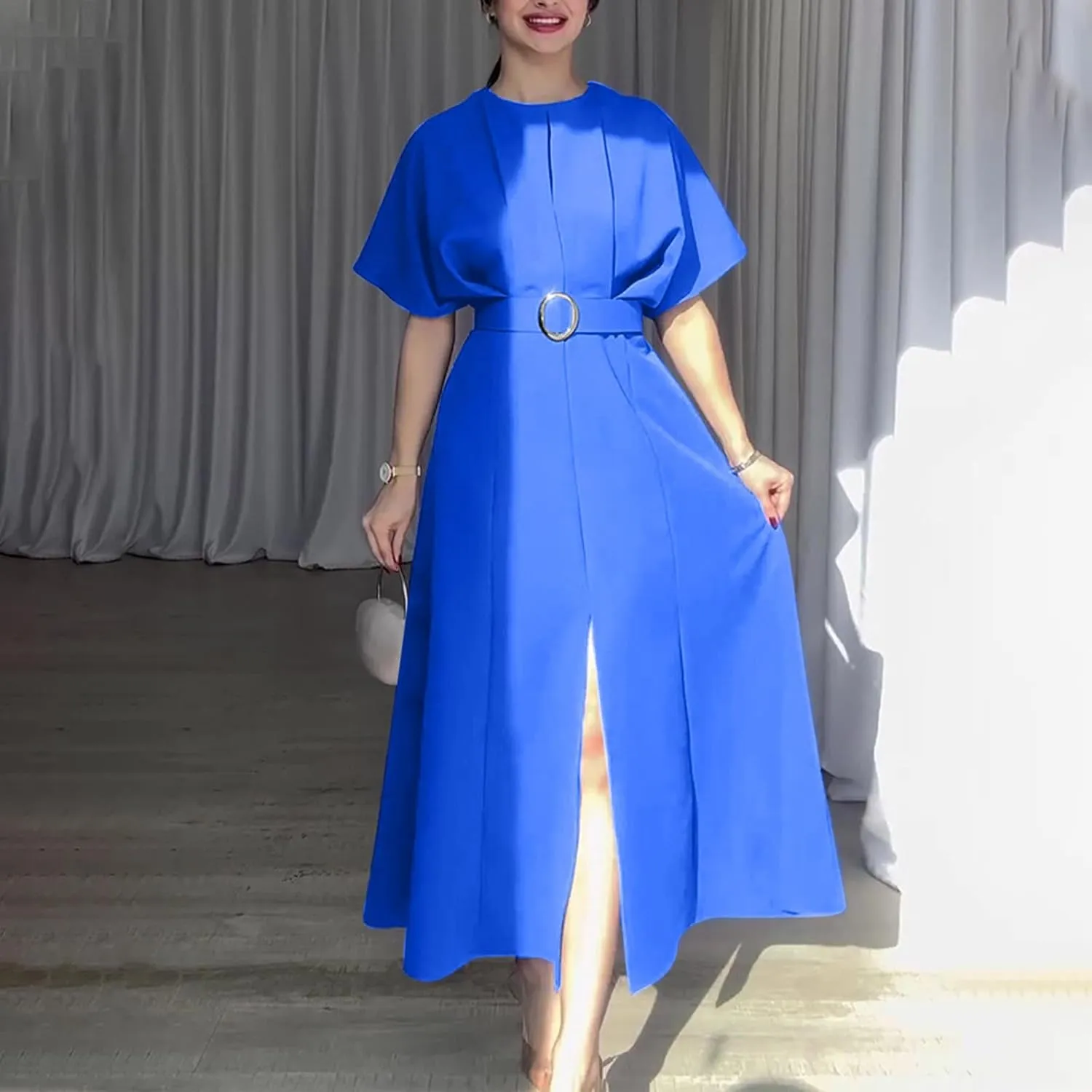 Womens Semi Formal Midi Dress Elegant Round Neck Short Sleeve Front Split Tunic Dress Flowy Business Casual Work Dress