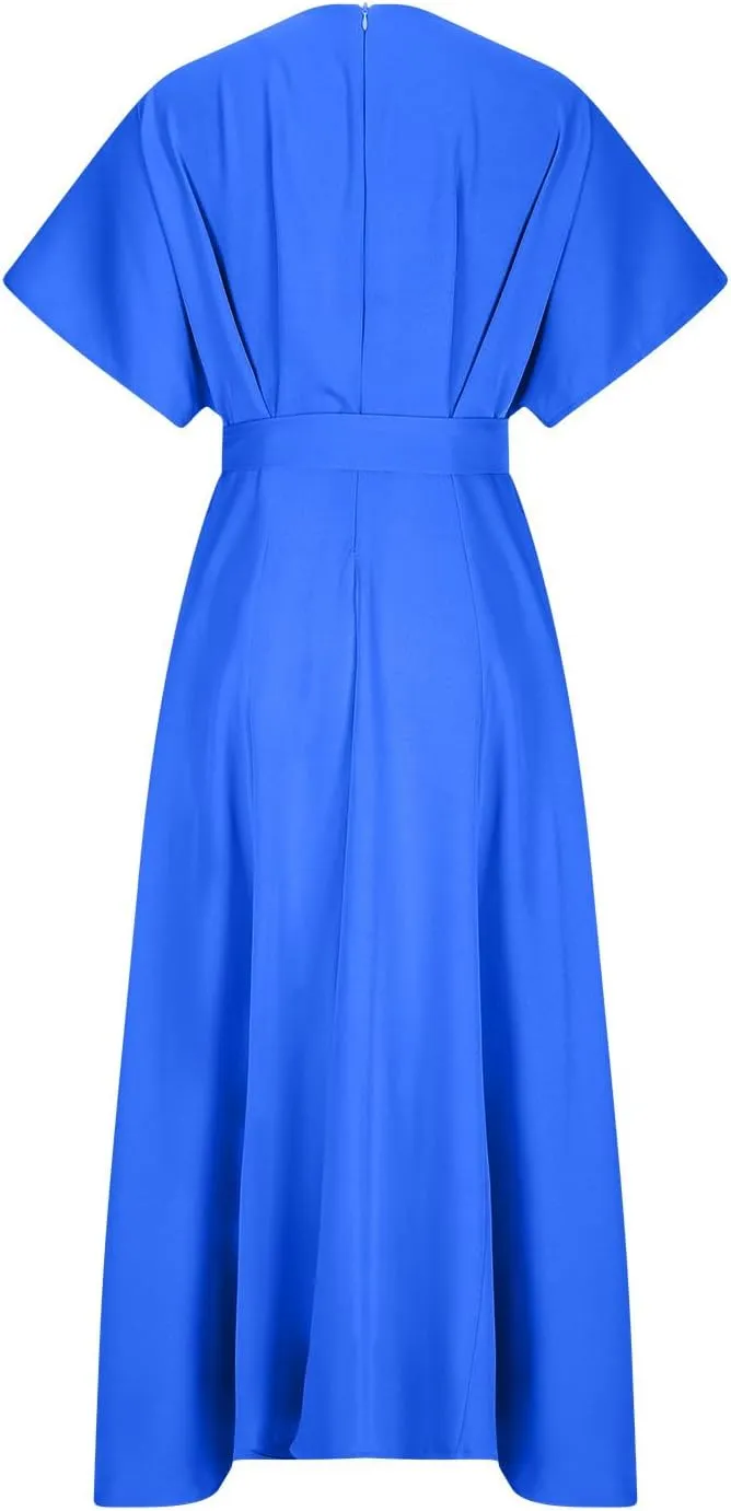 Womens Semi Formal Midi Dress Elegant Round Neck Short Sleeve Front Split Tunic Dress Flowy Business Casual Work Dress