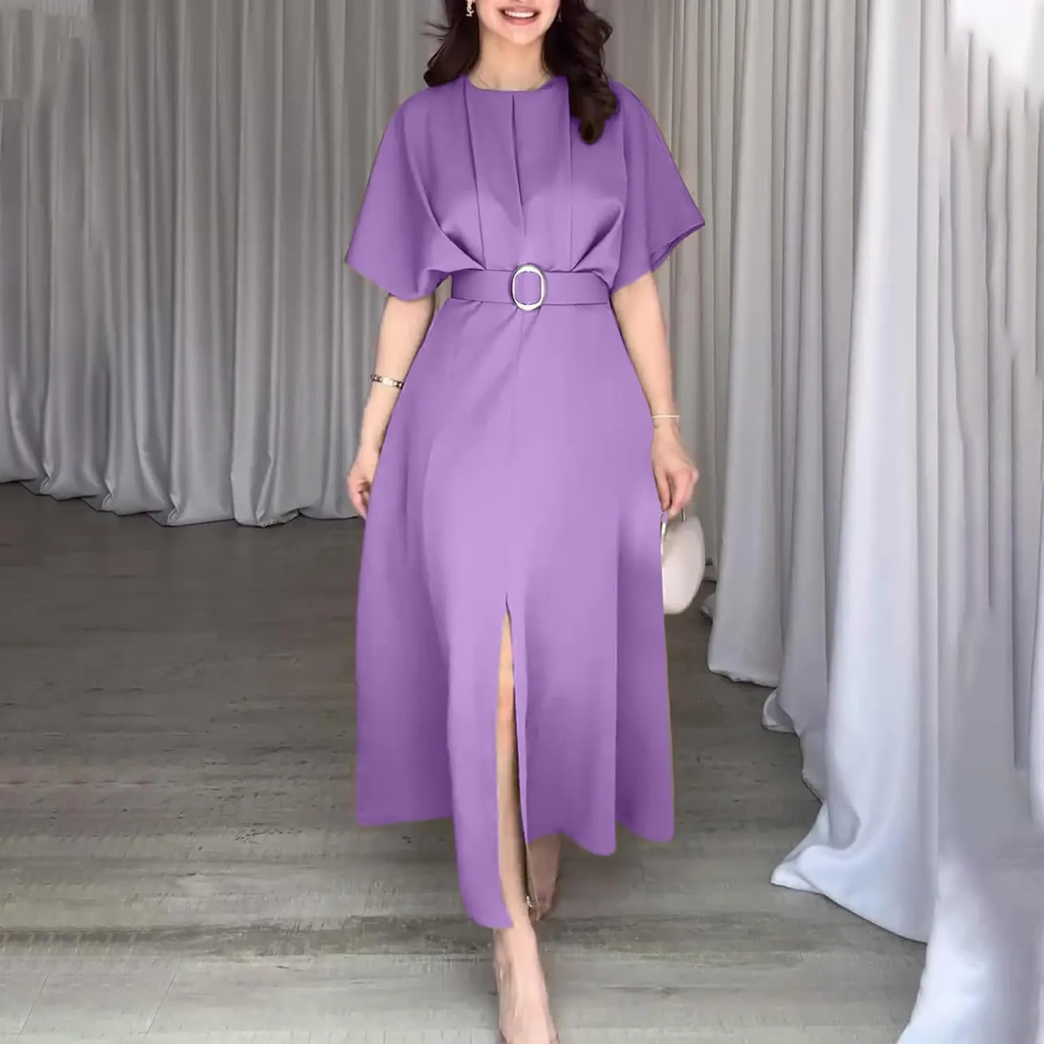 Womens Semi Formal Midi Dress Elegant Round Neck Short Sleeve Front Split Tunic Dress Flowy Business Casual Work Dress