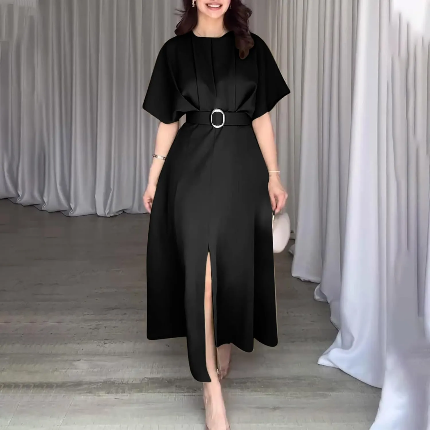 Womens Semi Formal Midi Dress Elegant Round Neck Short Sleeve Front Split Tunic Dress Flowy Business Casual Work Dress