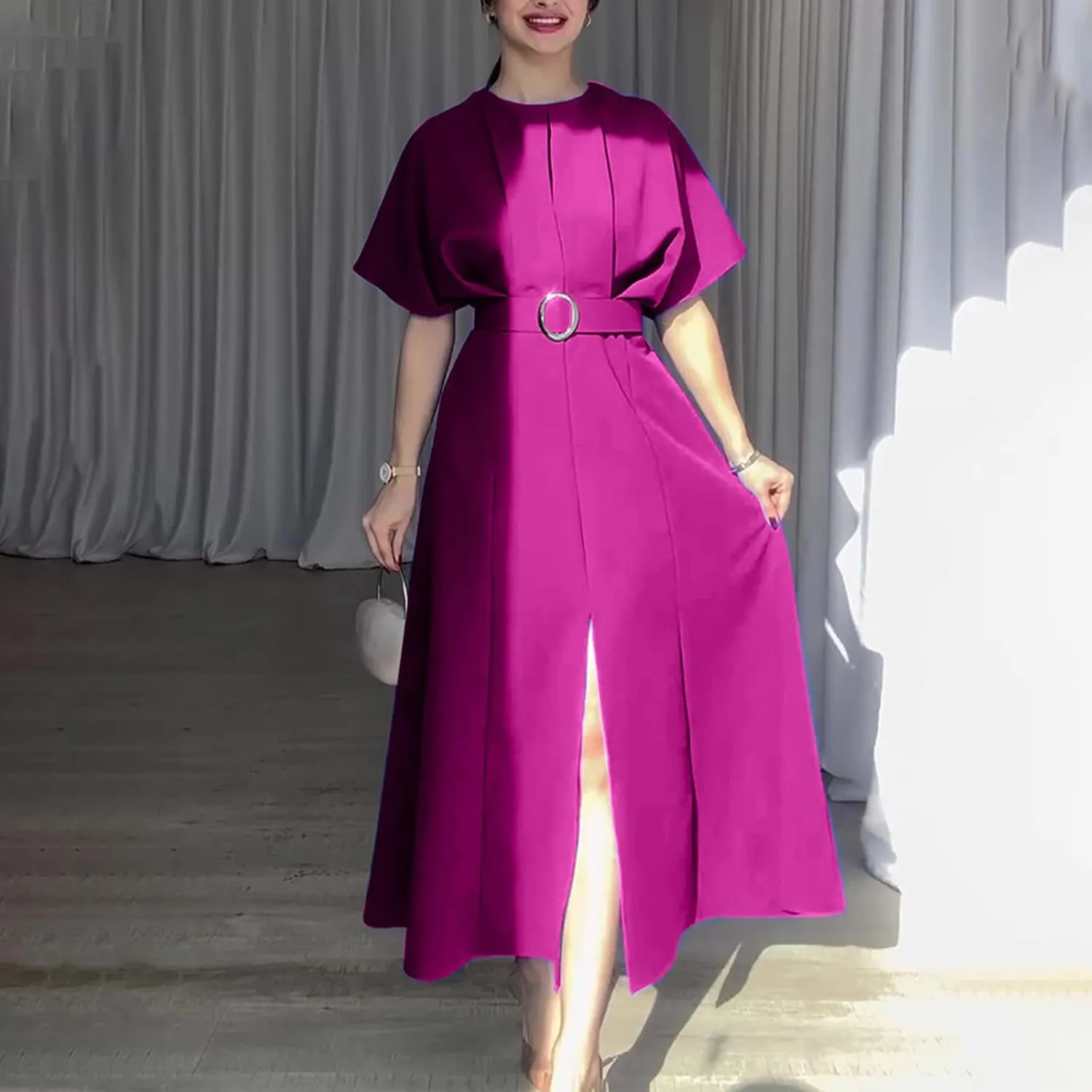 Womens Semi Formal Midi Dress Elegant Round Neck Short Sleeve Front Split Tunic Dress Flowy Business Casual Work Dress