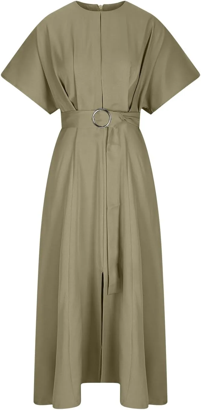 Womens Semi Formal Midi Dress Elegant Round Neck Short Sleeve Front Split Tunic Dress Flowy Business Casual Work Dress