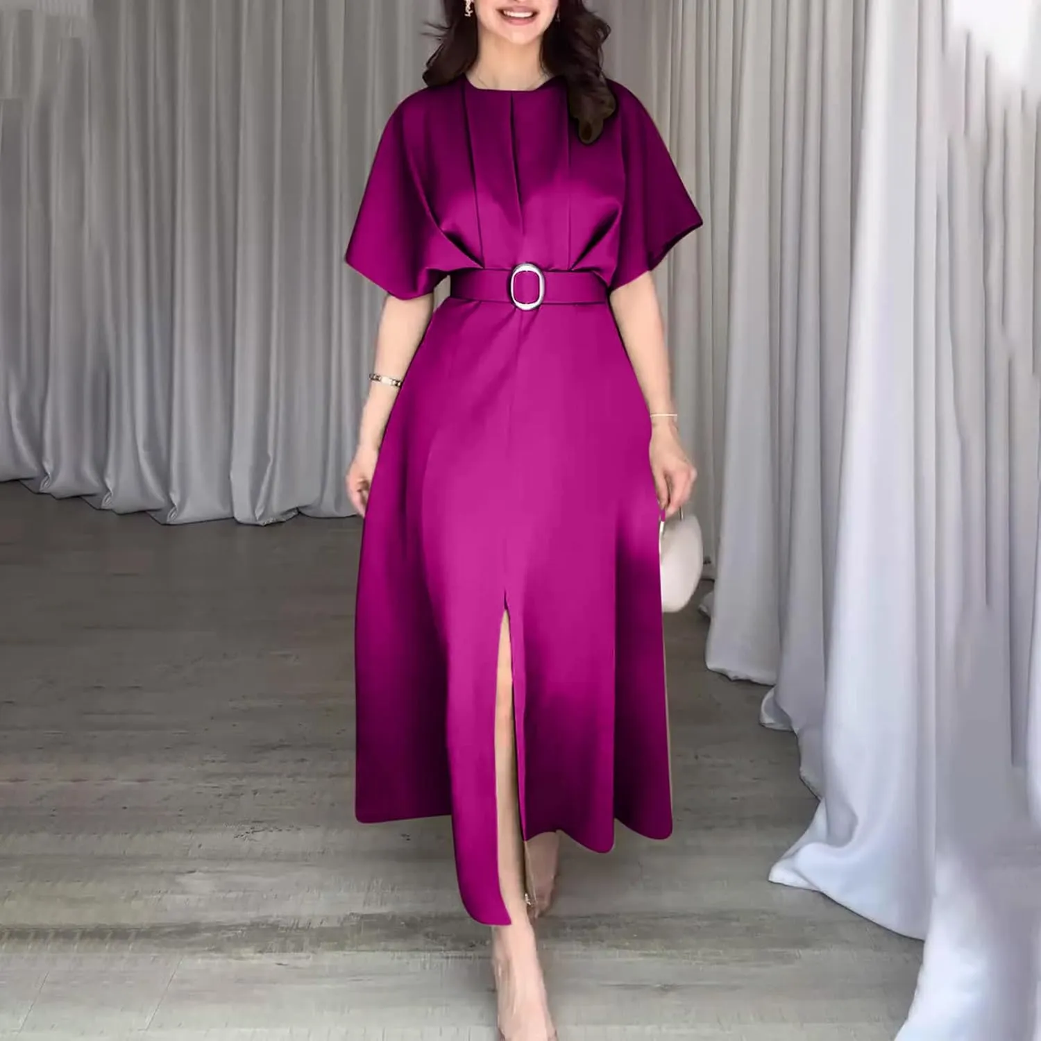 Womens Semi Formal Midi Dress Elegant Round Neck Short Sleeve Front Split Tunic Dress Flowy Business Casual Work Dress