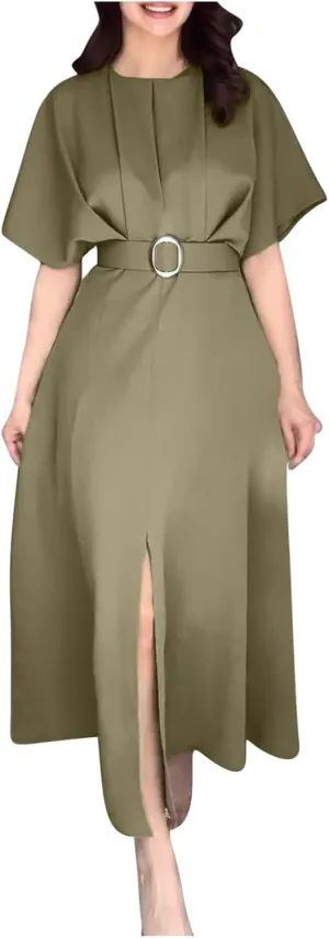 Womens Semi Formal Midi Dress Elegant Round Neck Short Sleeve Front Split Tunic Dress Flowy Business Casual Work Dress