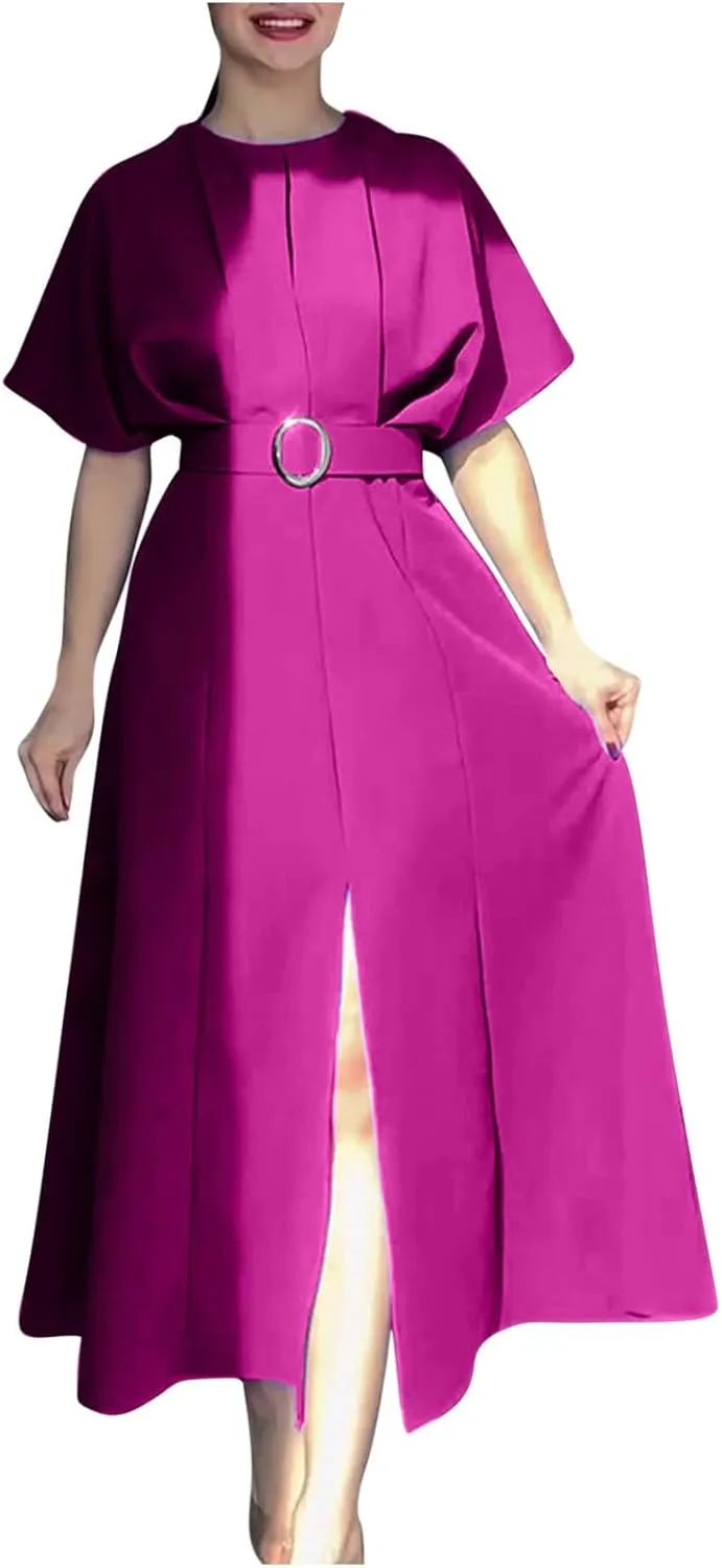 Womens Semi Formal Midi Dress Elegant Round Neck Short Sleeve Front Split Tunic Dress Flowy Business Casual Work Dress