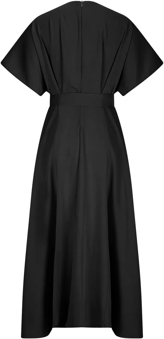 Womens Semi Formal Midi Dress Elegant Round Neck Short Sleeve Front Split Tunic Dress Flowy Business Casual Work Dress