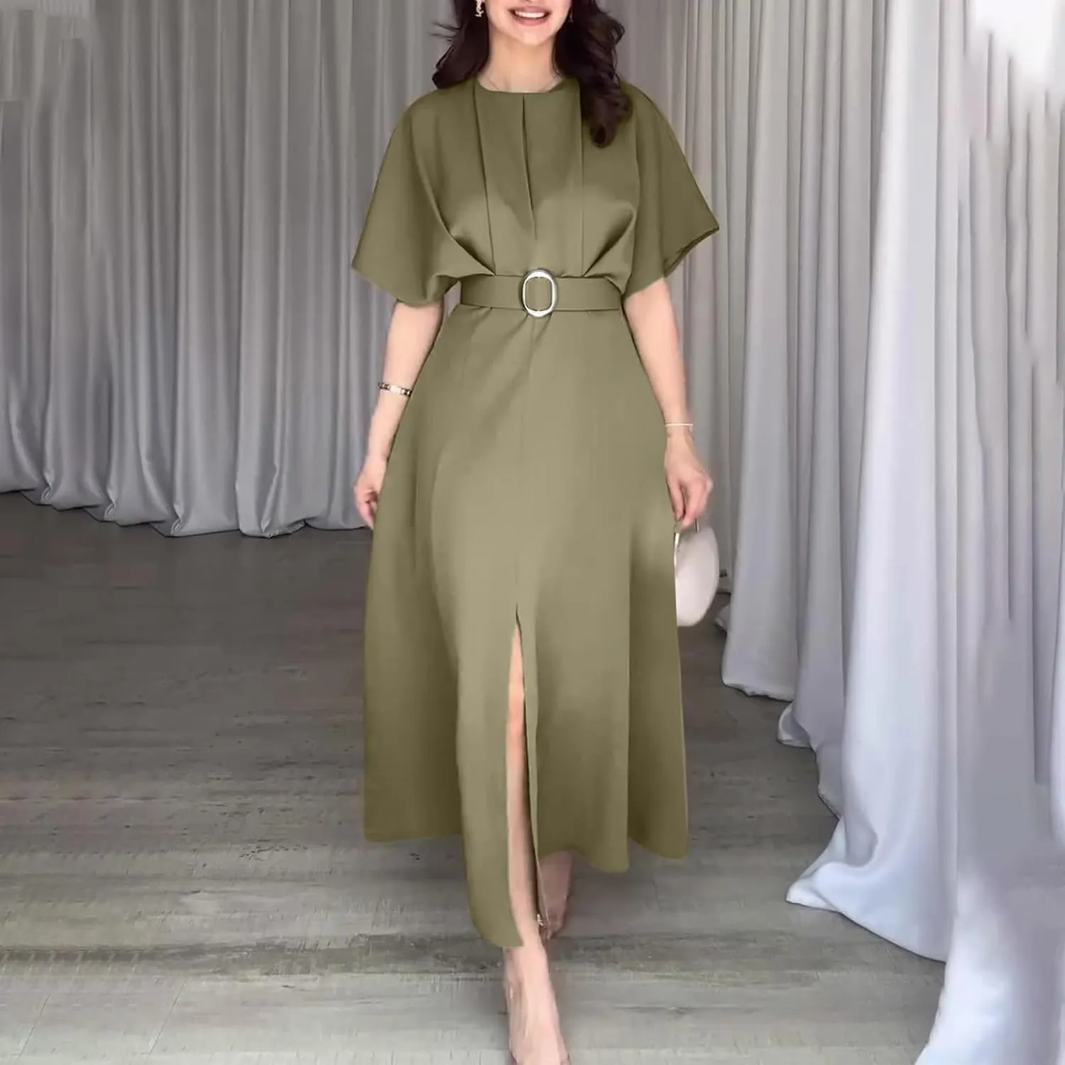 Womens Semi Formal Midi Dress Elegant Round Neck Short Sleeve Front Split Tunic Dress Flowy Business Casual Work Dress