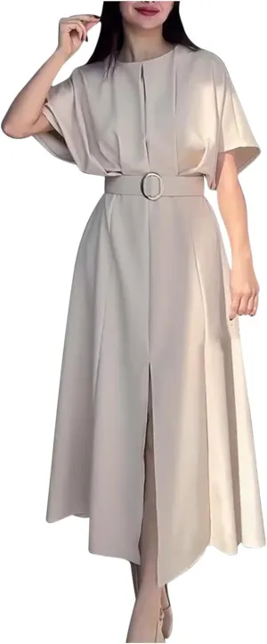 Womens Semi Formal Midi Dress Elegant Round Neck Short Sleeve Front Split Tunic Dress Flowy Business Casual Work Dress