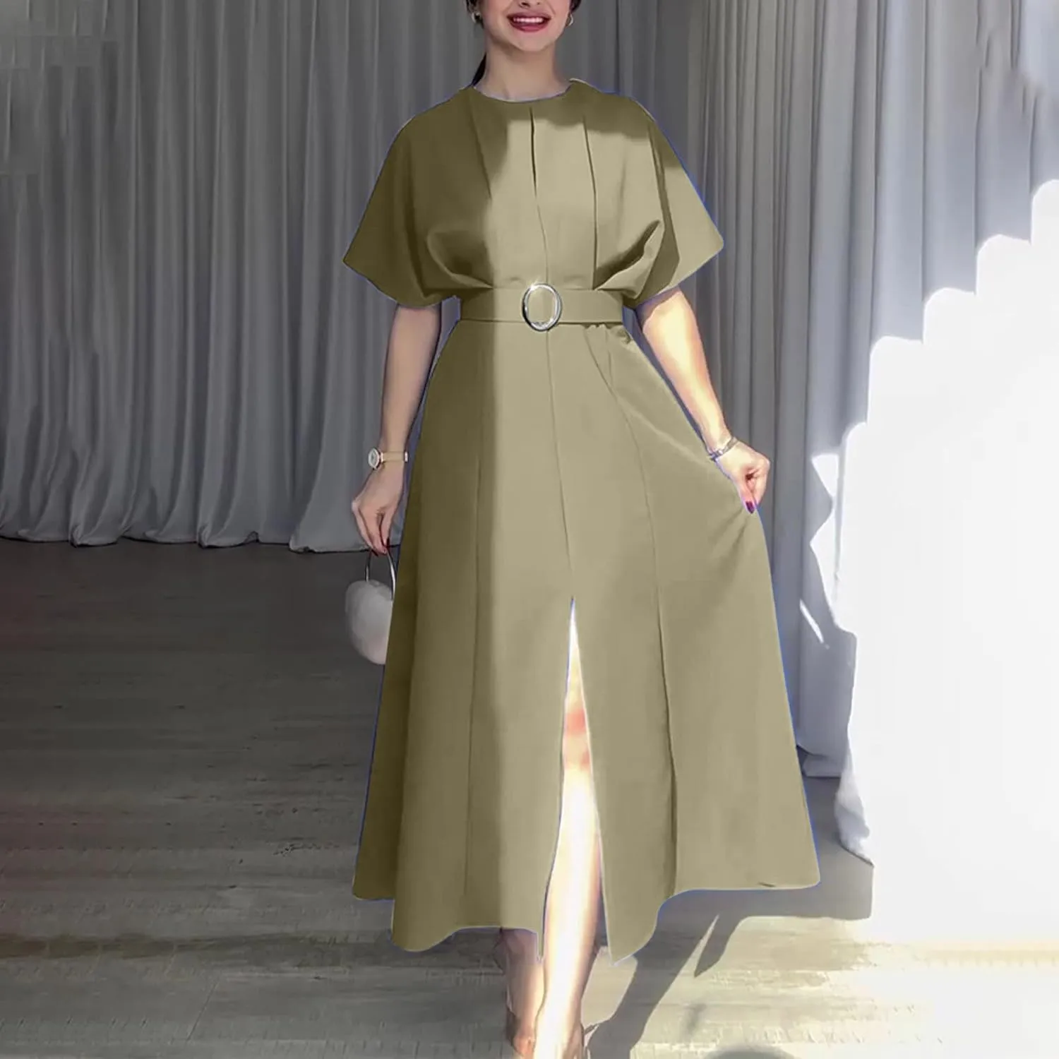 Womens Semi Formal Midi Dress Elegant Round Neck Short Sleeve Front Split Tunic Dress Flowy Business Casual Work Dress