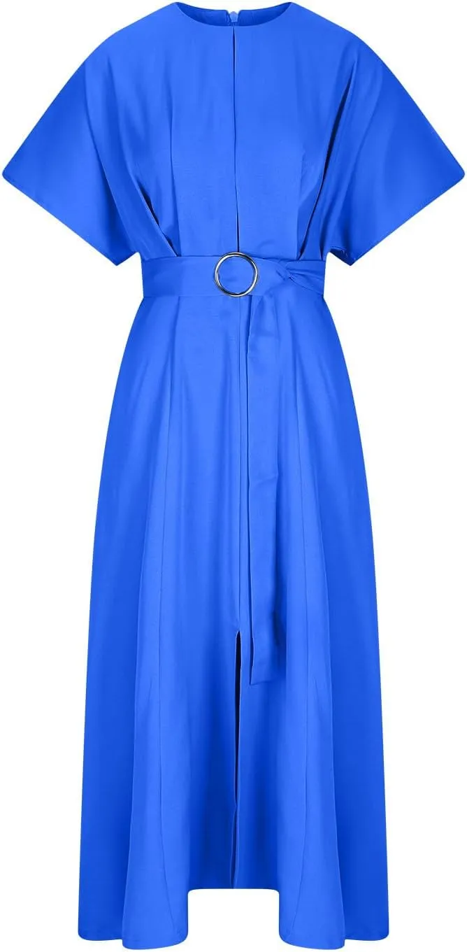 Womens Semi Formal Midi Dress Elegant Round Neck Short Sleeve Front Split Tunic Dress Flowy Business Casual Work Dress
