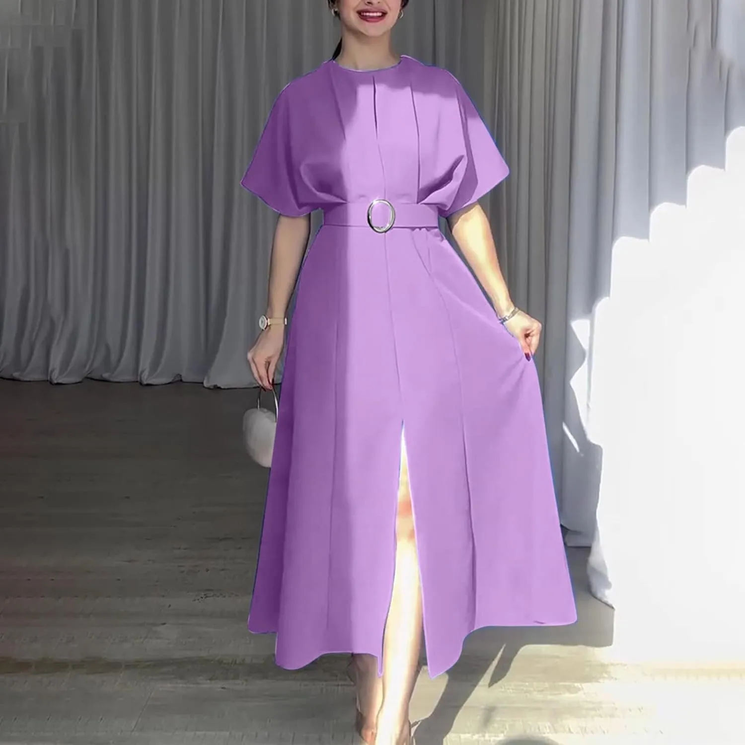 Womens Semi Formal Midi Dress Elegant Round Neck Short Sleeve Front Split Tunic Dress Flowy Business Casual Work Dress