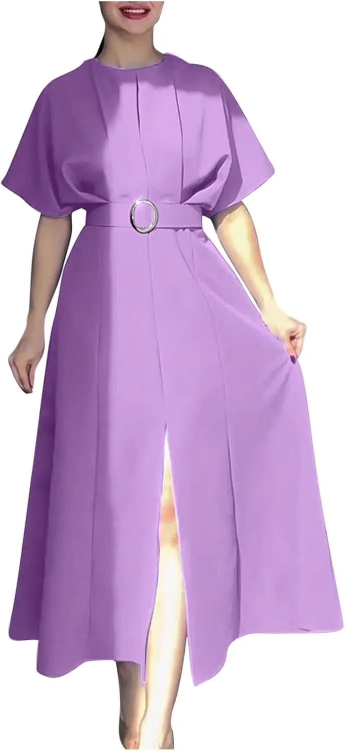 Womens Semi Formal Midi Dress Elegant Round Neck Short Sleeve Front Split Tunic Dress Flowy Business Casual Work Dress