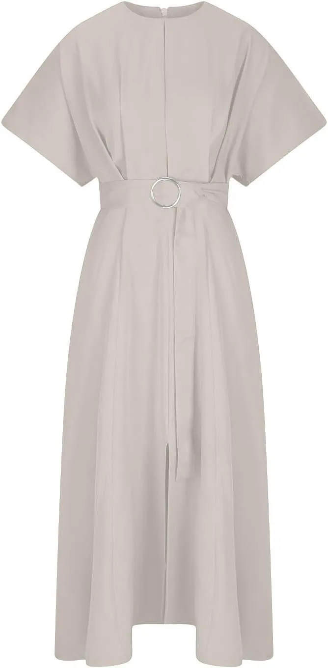 Womens Semi Formal Midi Dress Elegant Round Neck Short Sleeve Front Split Tunic Dress Flowy Business Casual Work Dress