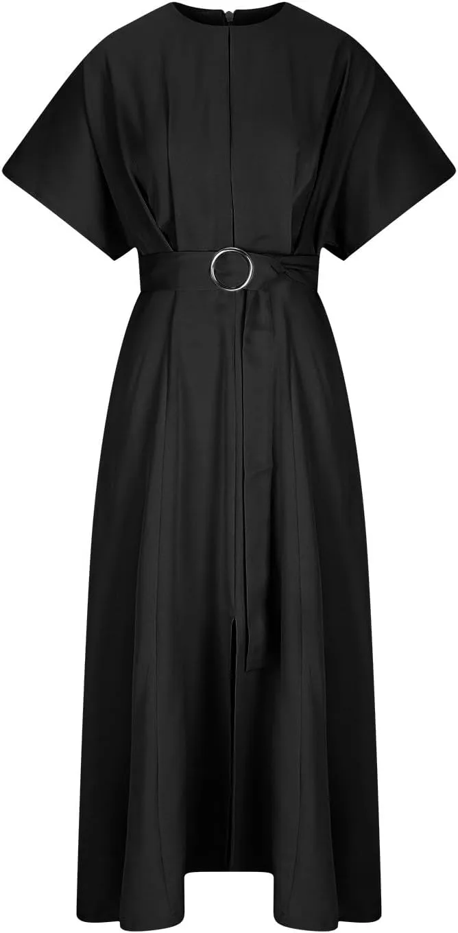 Womens Semi Formal Midi Dress Elegant Round Neck Short Sleeve Front Split Tunic Dress Flowy Business Casual Work Dress