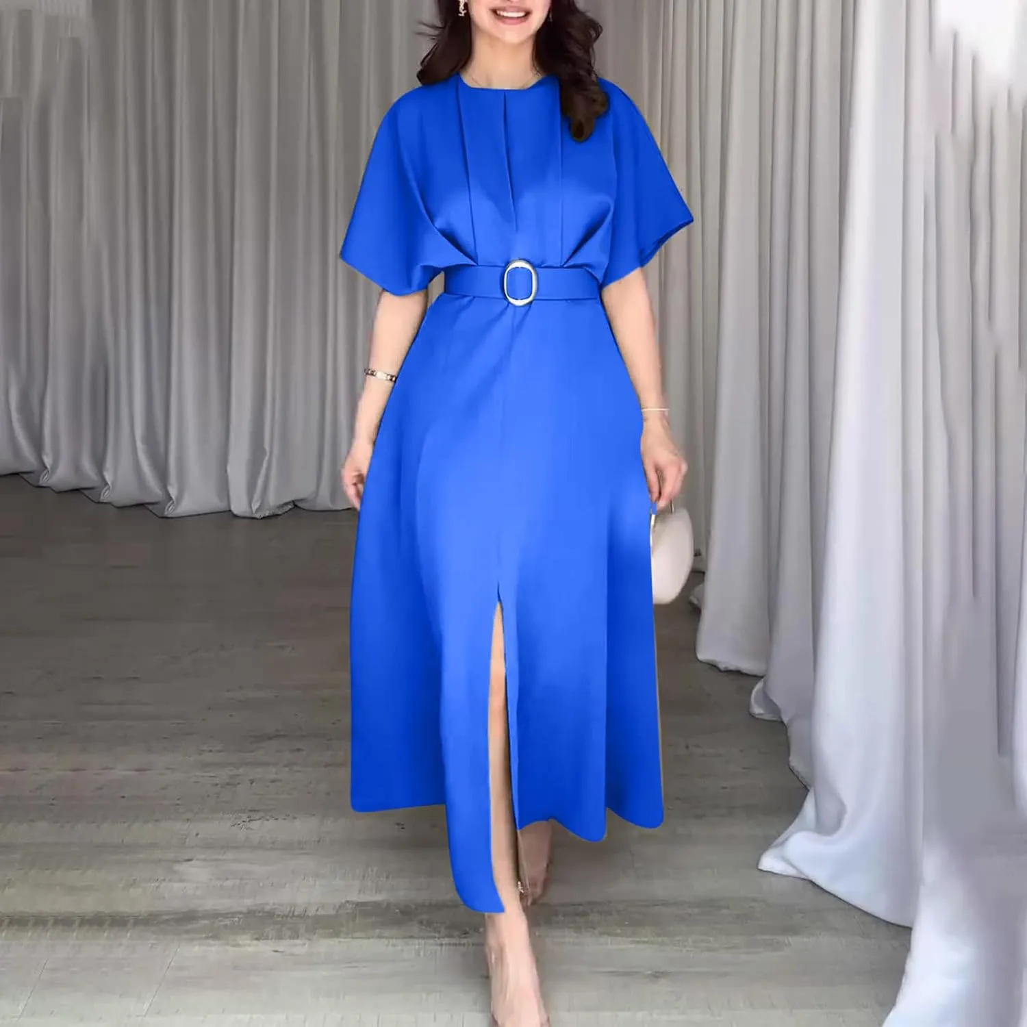 Womens Semi Formal Midi Dress Elegant Round Neck Short Sleeve Front Split Tunic Dress Flowy Business Casual Work Dress