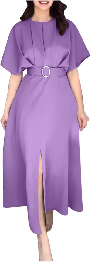 Womens Semi Formal Midi Dress Elegant Round Neck Short Sleeve Front Split Tunic Dress Flowy Business Casual Work Dress
