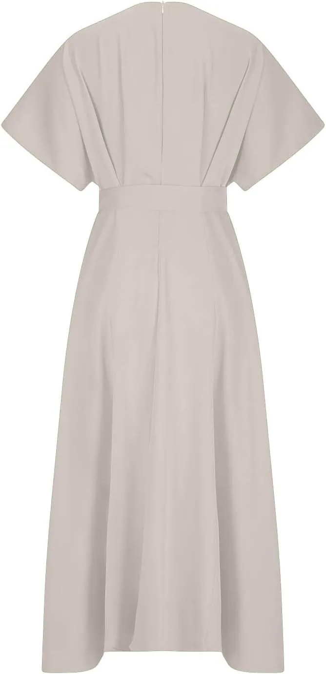 Womens Semi Formal Midi Dress Elegant Round Neck Short Sleeve Front Split Tunic Dress Flowy Business Casual Work Dress