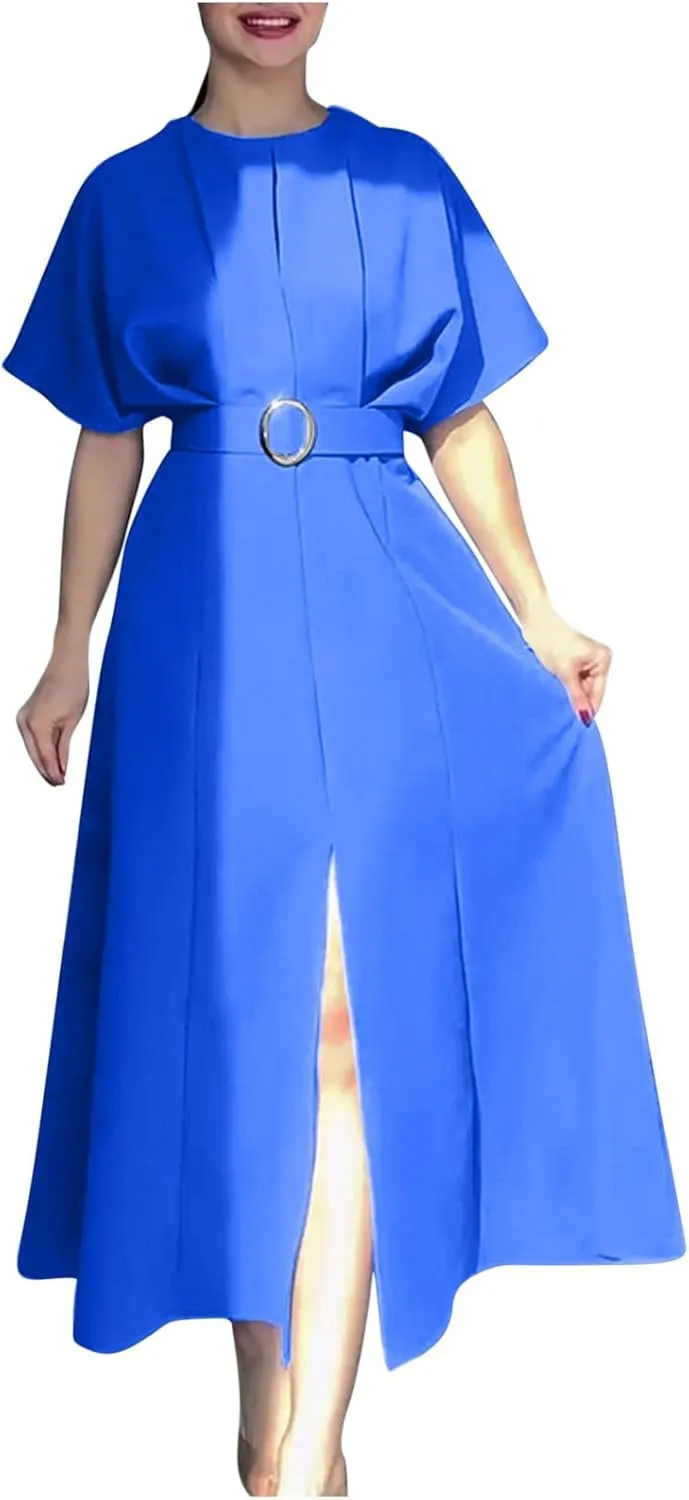 Womens Semi Formal Midi Dress Elegant Round Neck Short Sleeve Front Split Tunic Dress Flowy Business Casual Work Dress