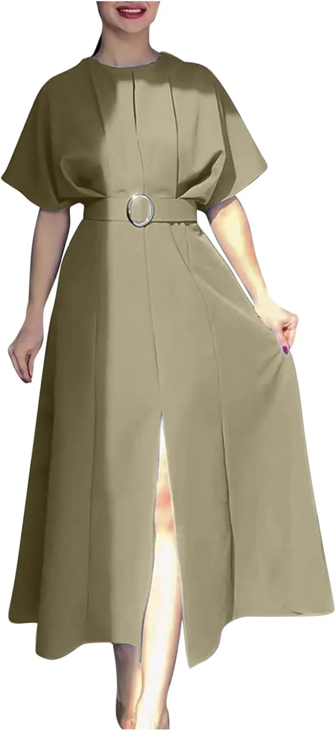 Womens Semi Formal Midi Dress Elegant Round Neck Short Sleeve Front Split Tunic Dress Flowy Business Casual Work Dress