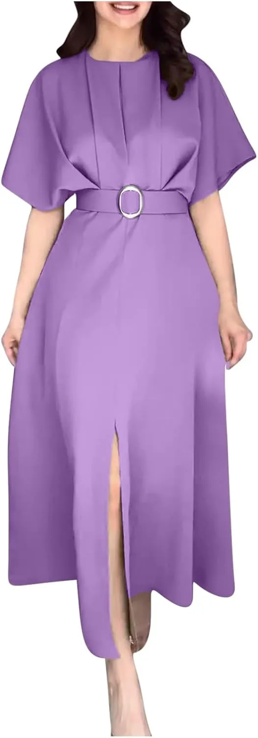Womens Semi Formal Midi Dress Elegant Round Neck Short Sleeve Front Split Tunic Dress Flowy Business Casual Work Dress