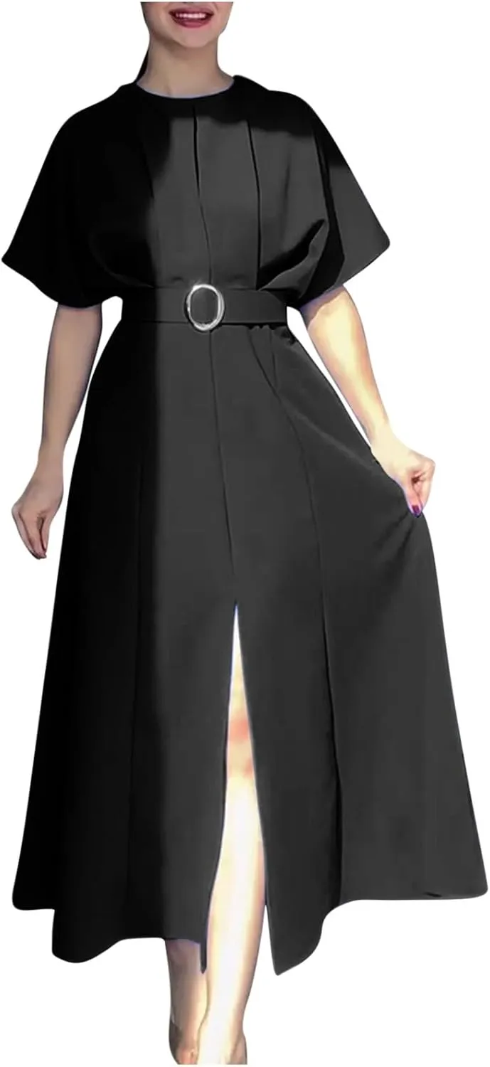 Womens Semi Formal Midi Dress Elegant Round Neck Short Sleeve Front Split Tunic Dress Flowy Business Casual Work Dress