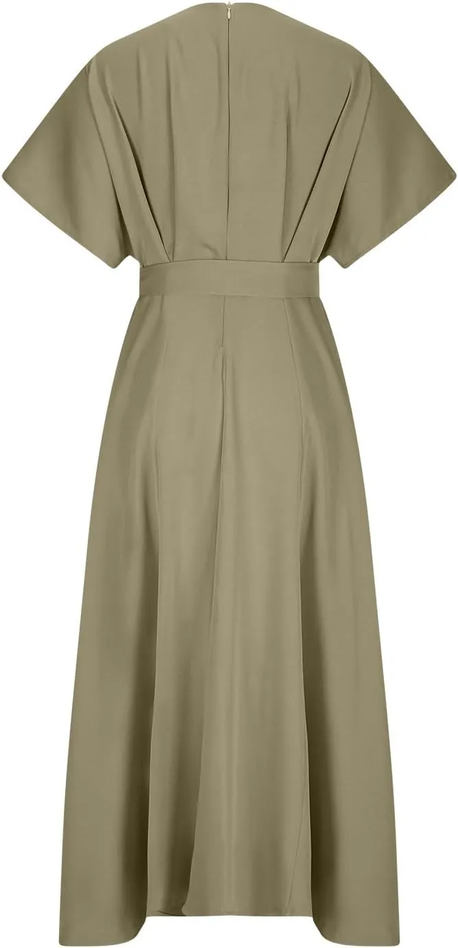 Womens Semi Formal Midi Dress Elegant Round Neck Short Sleeve Front Split Tunic Dress Flowy Business Casual Work Dress