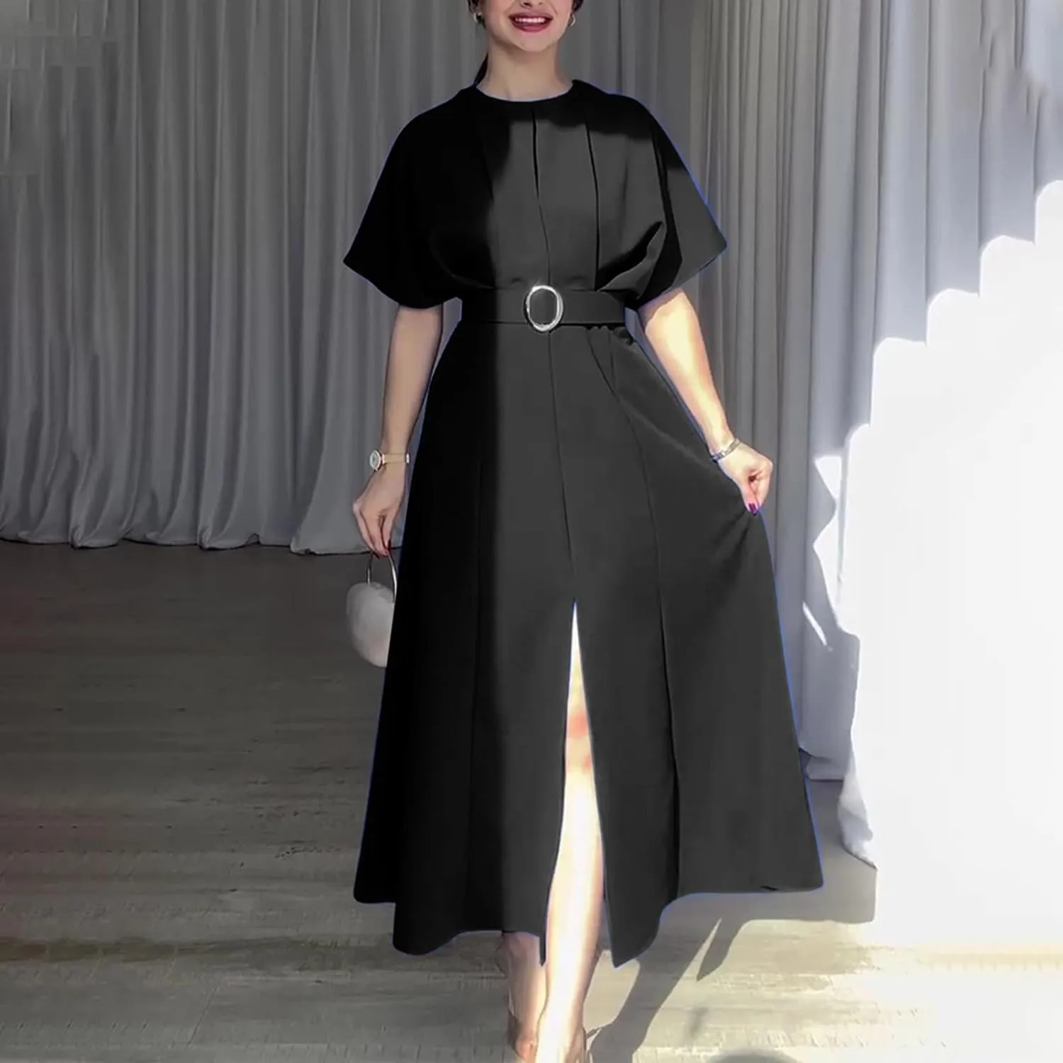 Womens Semi Formal Midi Dress Elegant Round Neck Short Sleeve Front Split Tunic Dress Flowy Business Casual Work Dress