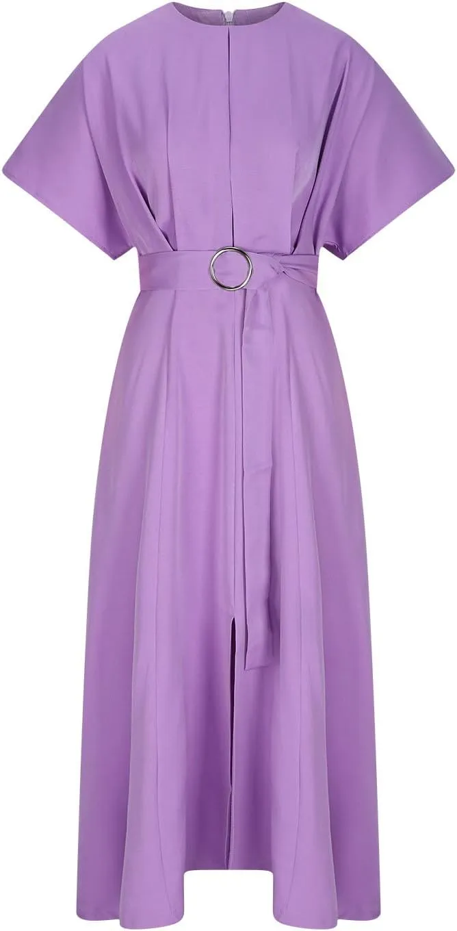 Womens Semi Formal Midi Dress Elegant Round Neck Short Sleeve Front Split Tunic Dress Flowy Business Casual Work Dress