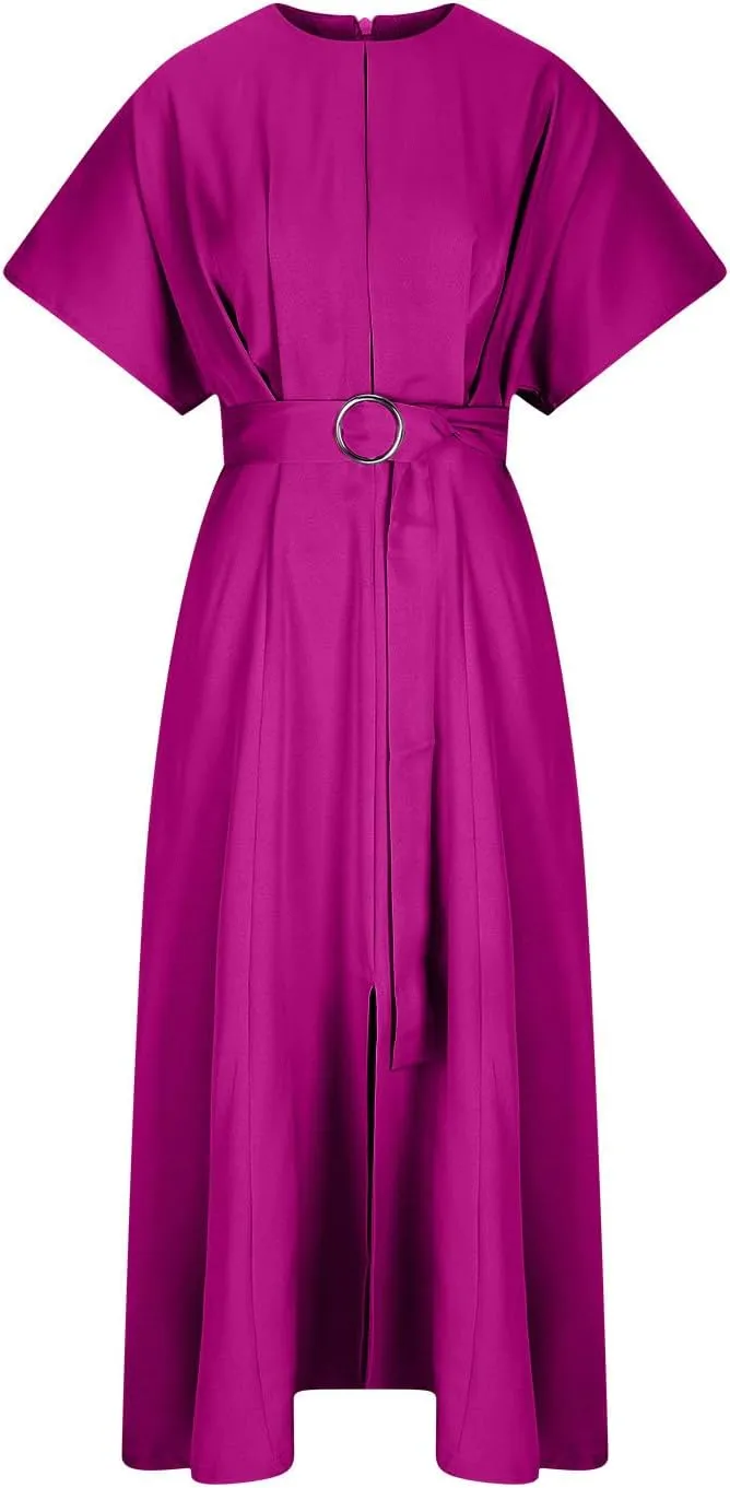 Womens Semi Formal Midi Dress Elegant Round Neck Short Sleeve Front Split Tunic Dress Flowy Business Casual Work Dress