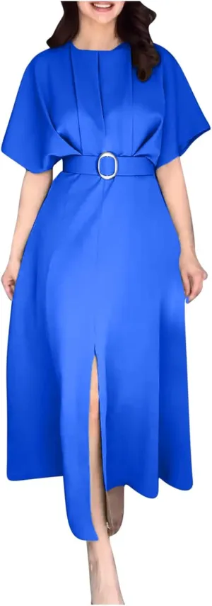 Womens Semi Formal Midi Dress Elegant Round Neck Short Sleeve Front Split Tunic Dress Flowy Business Casual Work Dress