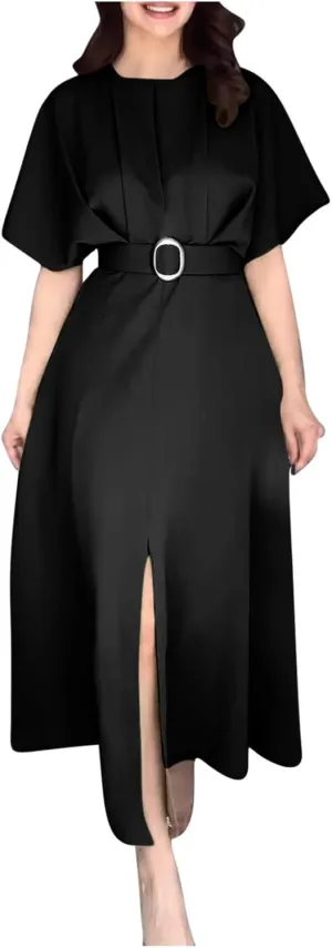 Womens Semi Formal Midi Dress Elegant Round Neck Short Sleeve Front Split Tunic Dress Flowy Business Casual Work Dress