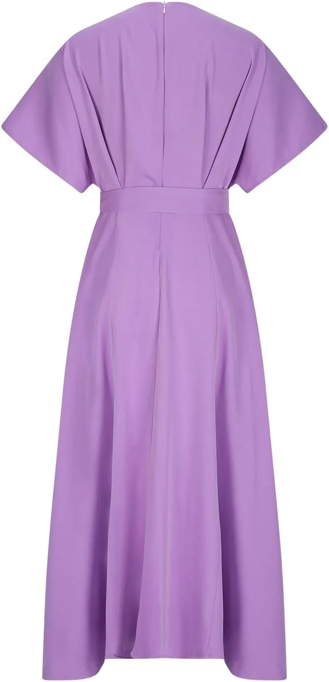 Womens Semi Formal Midi Dress Elegant Round Neck Short Sleeve Front Split Tunic Dress Flowy Business Casual Work Dress