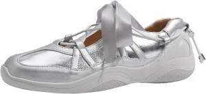 Women's Shiny Leather Mary Jane Sneakers Lace Up Closed Round Toe Ballet Shoes Flat Sneakers for Women Ballet Flats