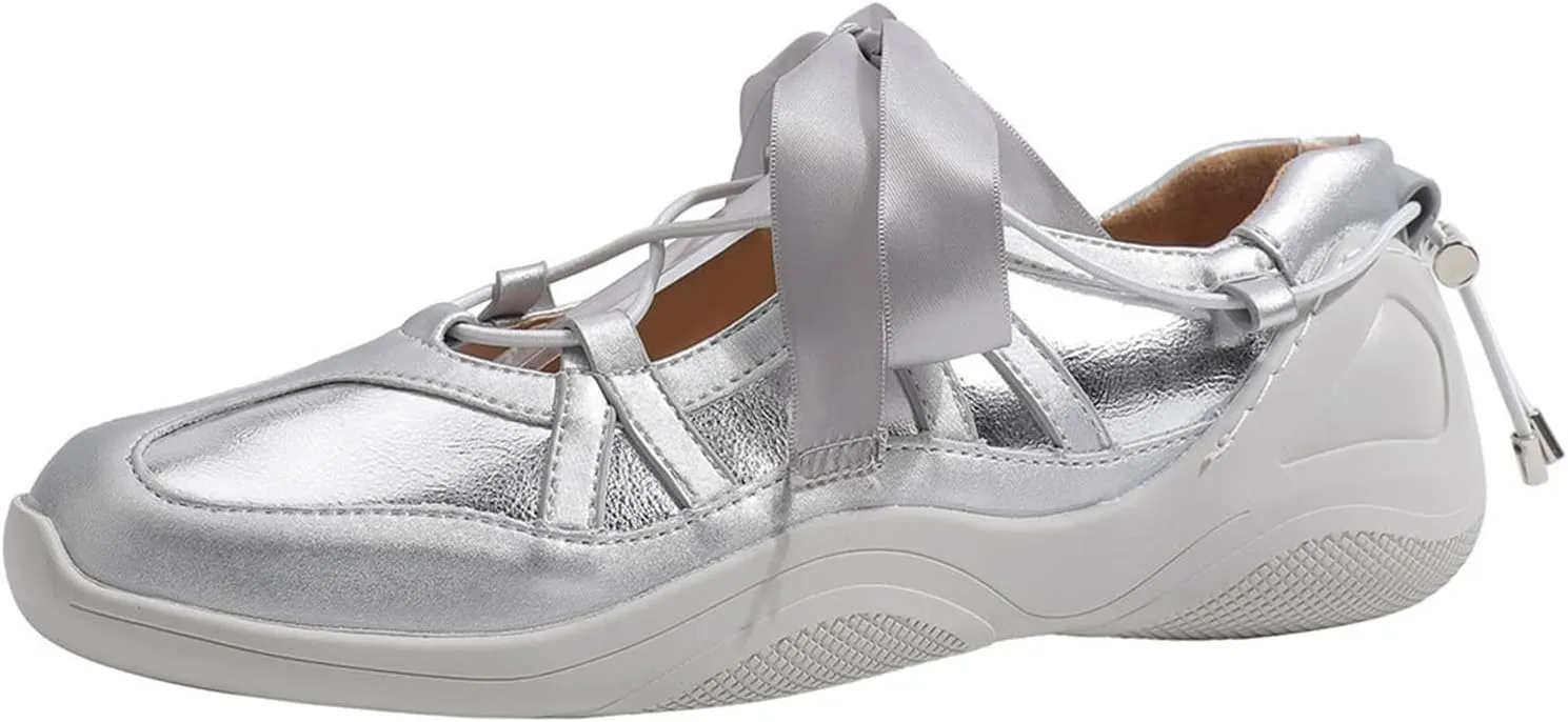Women's Shiny Leather Mary Jane Sneakers Lace Up Closed Round Toe Ballet Shoes Flat Sneakers for Women Ballet Flats