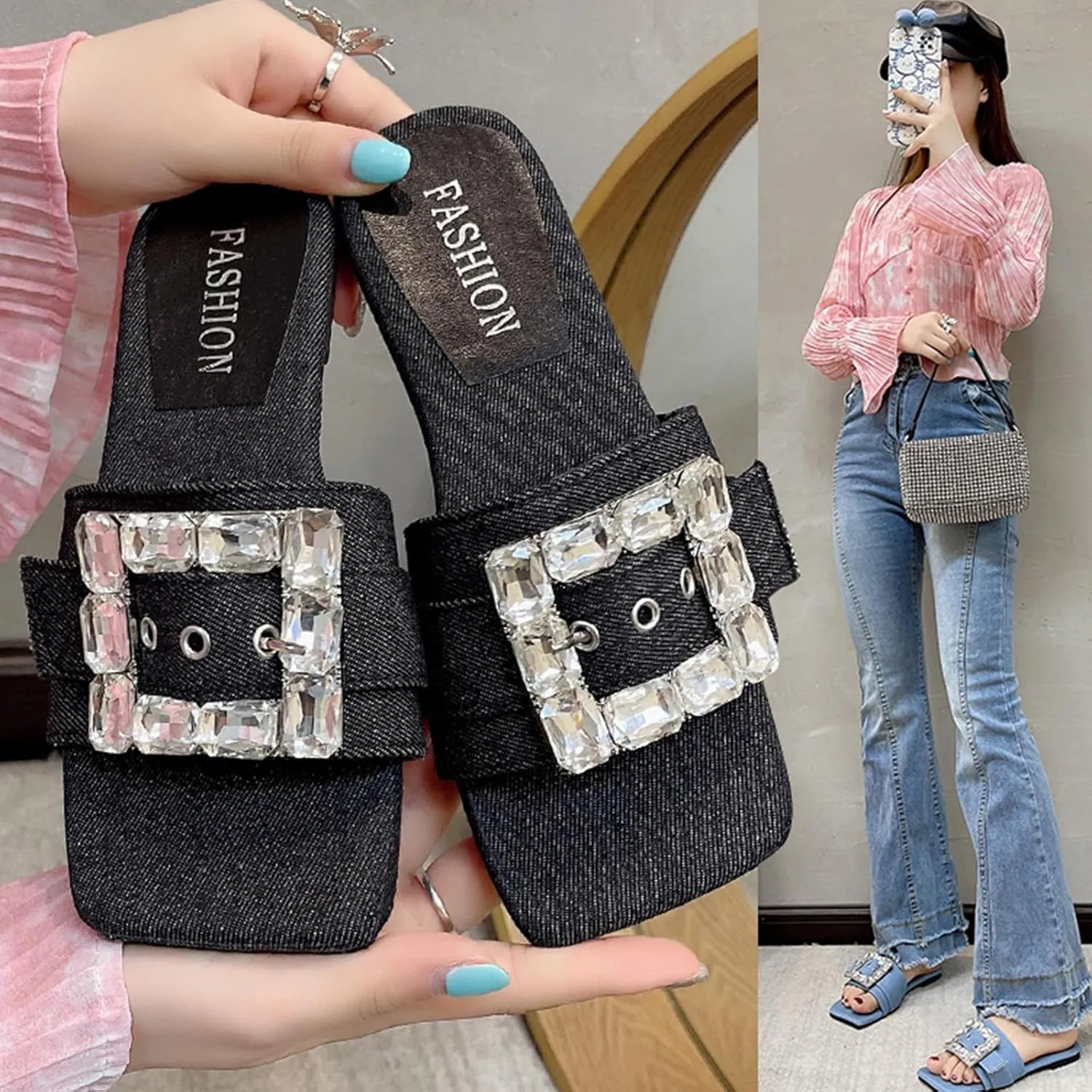 Women'S Shiny Rhinestone Denim Low Heel Slides Sandals Fashion Square Open Toe Slip On Comfortable Flat Walking Dress Slippers For Party Dating