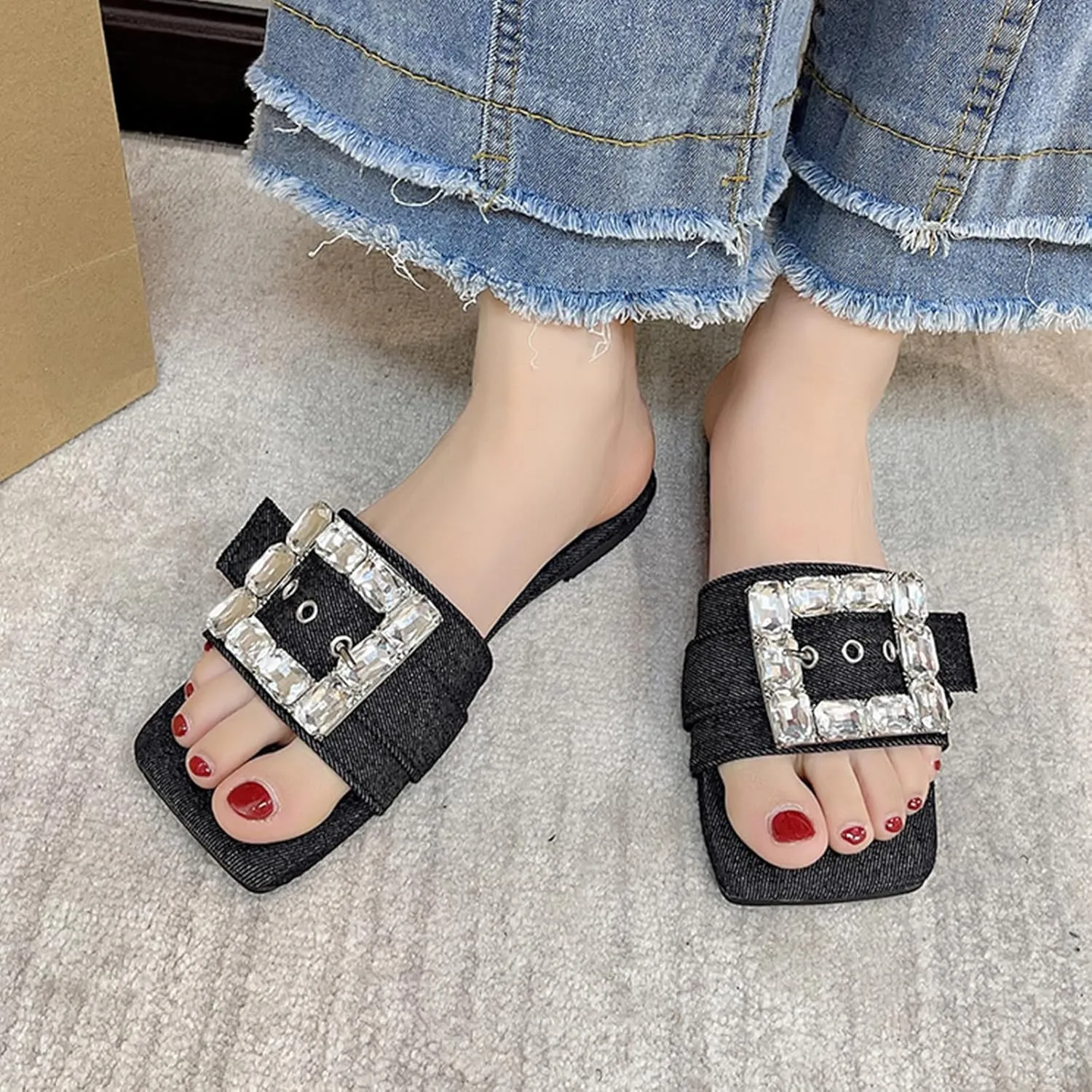 Women'S Shiny Rhinestone Denim Low Heel Slides Sandals Fashion Square Open Toe Slip On Comfortable Flat Walking Dress Slippers For Party Dating