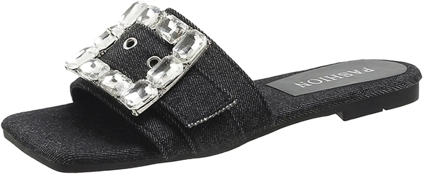 Women'S Shiny Rhinestone Denim Low Heel Slides Sandals Fashion Square Open Toe Slip On Comfortable Flat Walking Dress Slippers For Party Dating