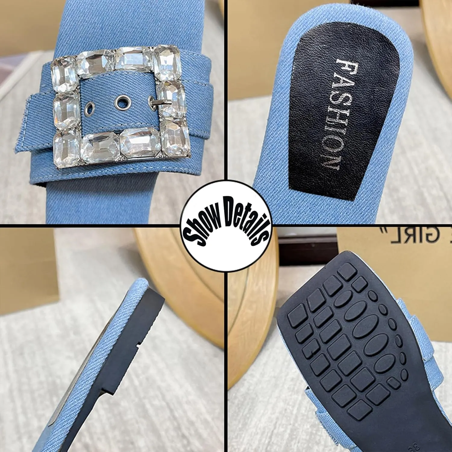 Women'S Shiny Rhinestone Denim Low Heel Slides Sandals Fashion Square Open Toe Slip On Comfortable Flat Walking Dress Slippers For Party Dating