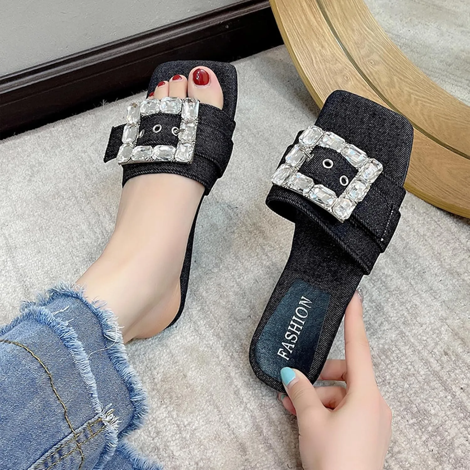 Women'S Shiny Rhinestone Denim Low Heel Slides Sandals Fashion Square Open Toe Slip On Comfortable Flat Walking Dress Slippers For Party Dating