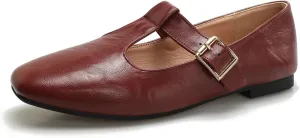 Women's Slip On T-Strap Mary Jane Flats Low Chunky Heel Comfy PU Round Toe Flat Shoes for Women Work Dressy Closed Toe Adjustable Strap Ballet Flats