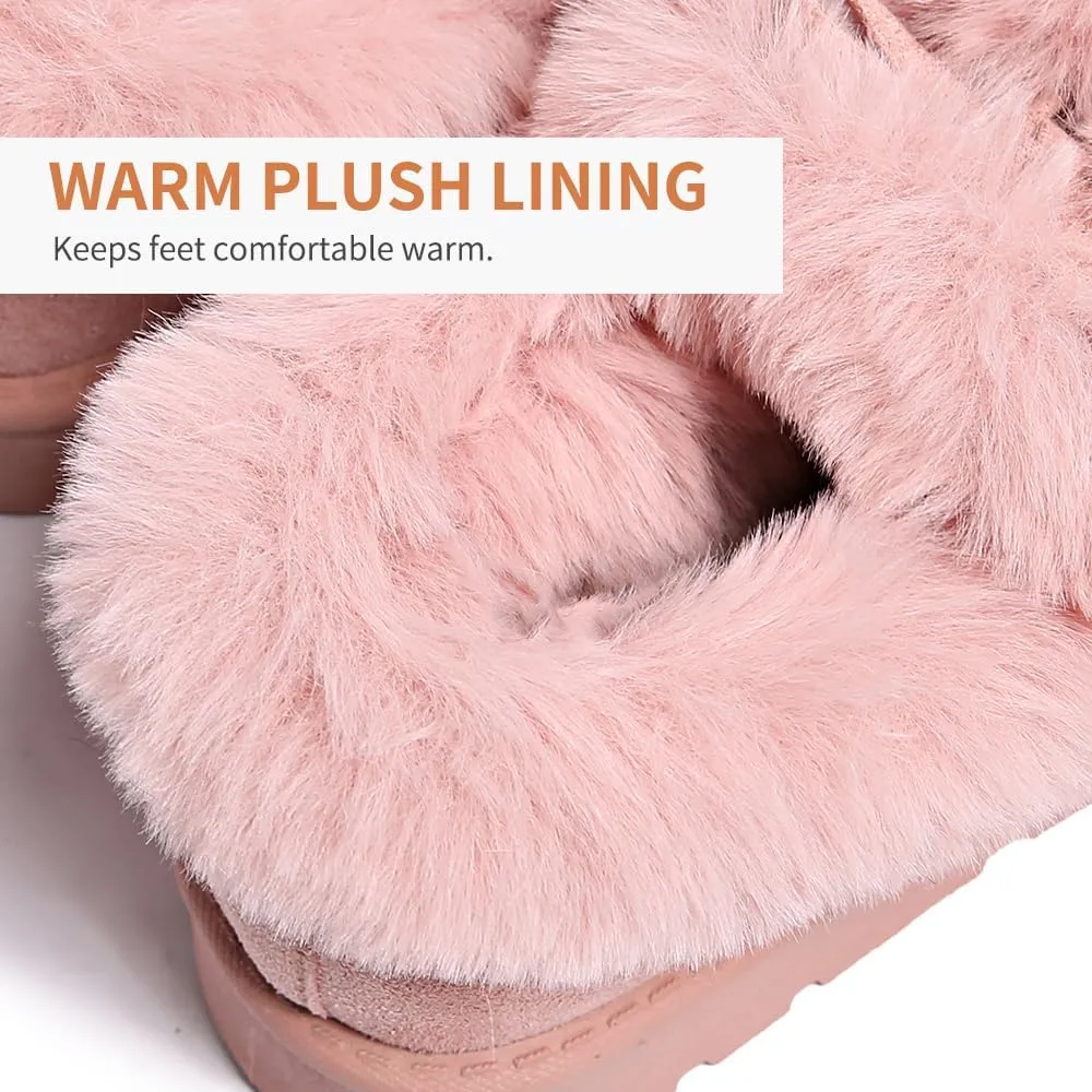Women’s Slippers Platform Mini Boots for Suede Leather Slip-on Fluffy Warm Comfy