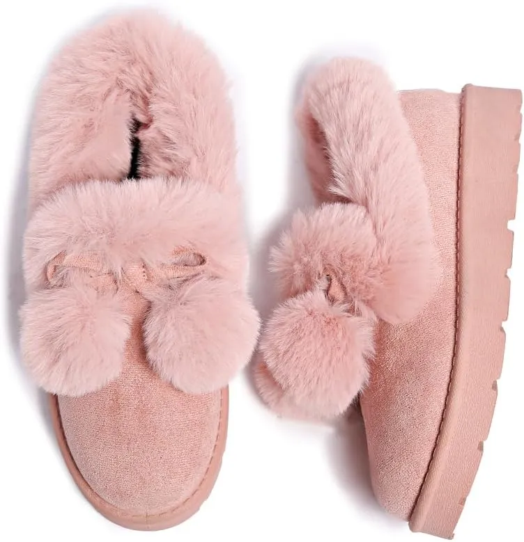 Women’s Slippers Platform Mini Boots for Suede Leather Slip-on Fluffy Warm Comfy