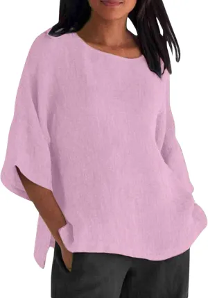 Women's Spring 3/4 Sleeve Linen Shirts Casual Crewneck Solid Color Tunic Tops Loose Fit Plus Size Vacation Blouses