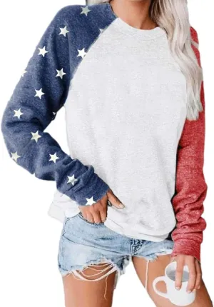 Womens Star Print Colorblock Shirt Long Sleeve American Flag 4th of July Pullvoer Blouse Tops