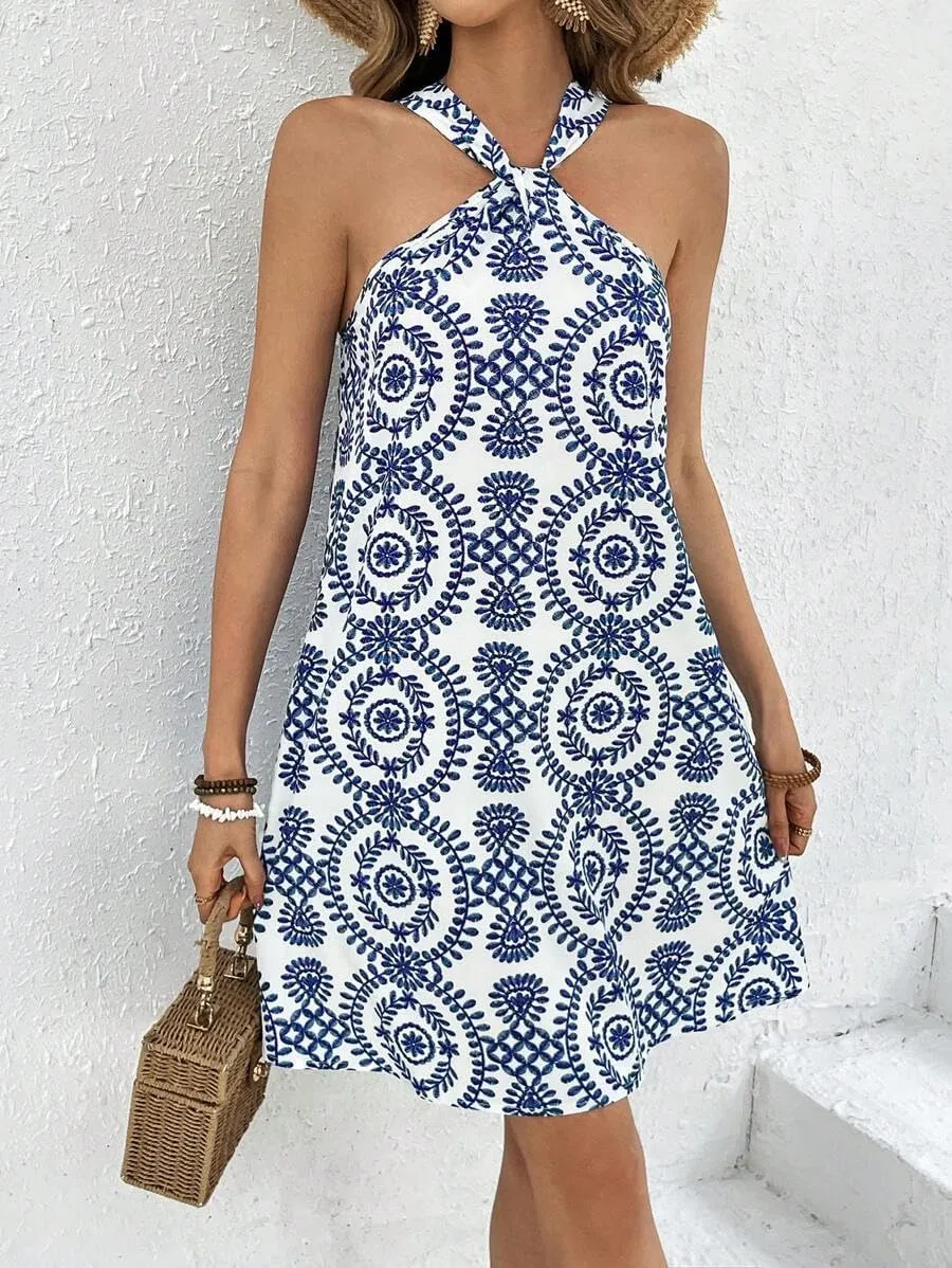 Women's Summer Dress Criss Cross Halter Dress Mini Beach Dress Tropical Leaf Printed Dress