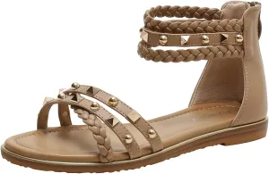 Womens Summer Rhinestone Embellished Flat Braided Shoes Studding Gladiator Sandals with Zipper Closure